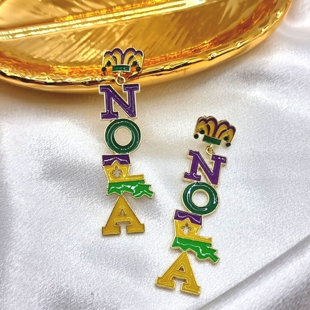 Mardi Gras "NOLA"  Earrings Purple Green Gold Jester Hat | New